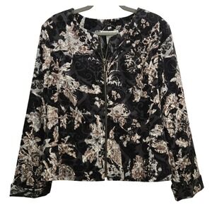 Requirements Women L Chic Black Grey Tan Floral Damask Corduroy Zip Front Jacket